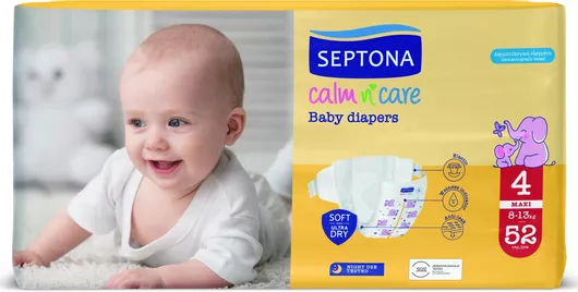 Πάνες με Αυτοκόλλητο Septona Calm n' Care Baby Maxi Νο. 4 για 8-13kg Σετ 52τμχ