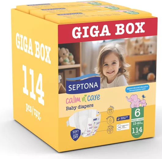 Πάνες με Αυτοκόλλητο Septona Giga Box Calm N' Care Extra Large Νο. 6 για 13-20kg Σετ 114τμχ