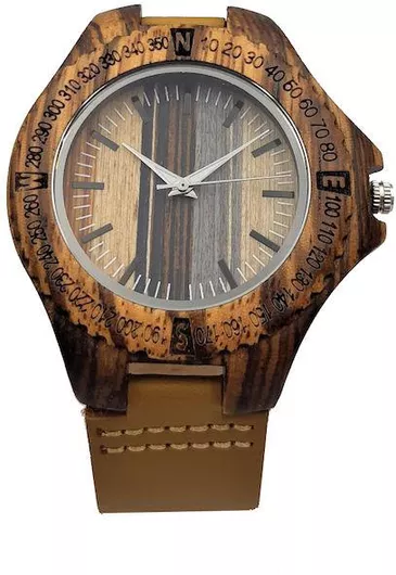 Ανδρικό Ρολόι Ξύλινο με Δερμάτινο Λουράκι Καφέ