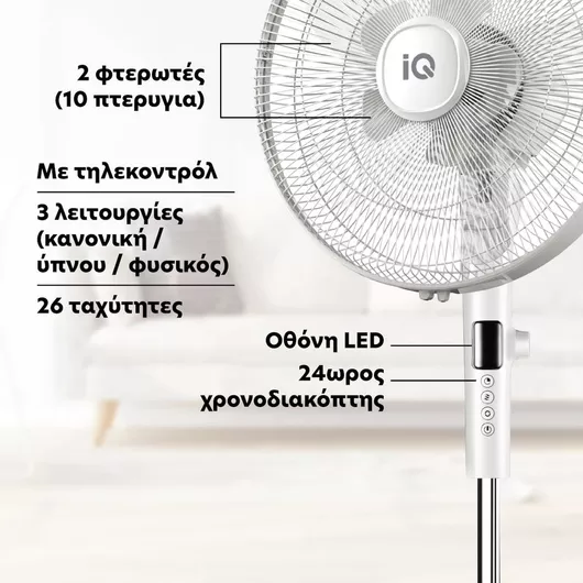Ανεμιστήρας IQ PSF-4510 Ορθοστάτης 28W 40cm με Τηλεχειριστήριο Λευκό