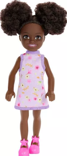 Κόυκλα barbie Mattel Barbie Chelsea with Purple Floral Dress Space Buns Brown Eyes Dark Skin Doll