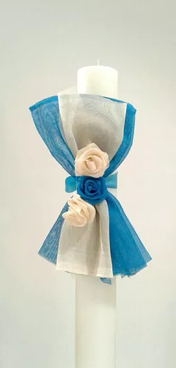 Λαμπάδα Γάμου με Λουλούδια Εκρού/Τιρκουάζ