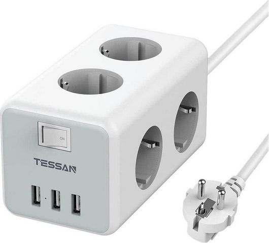 Πολύπριζο Tessan 6 Θέσεων με Διακόπτη, 3 USB & Καλώδιο 2m Γκρι