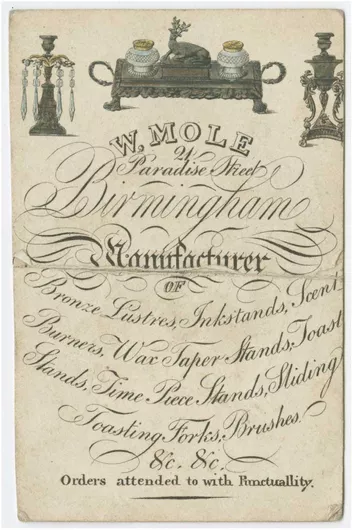 Πίνακας W. Mole, 24 Paradise Street, Birmingham : manufacturer of bronze lustres, inkstands, scent burners, wax taper stands, toast stands, time piece stands, sliding toasting forks, brushes, &c. &c 60x90cm