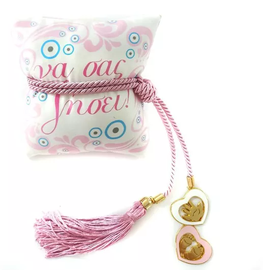 Γούρι Νεογέννητο Διακοσμητικό Παιδικό Μαξιλάρι με Καρδιές Και Ευχή Ροζ