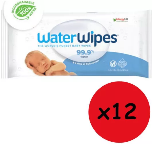 WaterWipes Μωρομάντηλα με 99.9% Νερό, χωρίς Άρωμα, Οινόπνευμα & Parabens 12x60τμχ