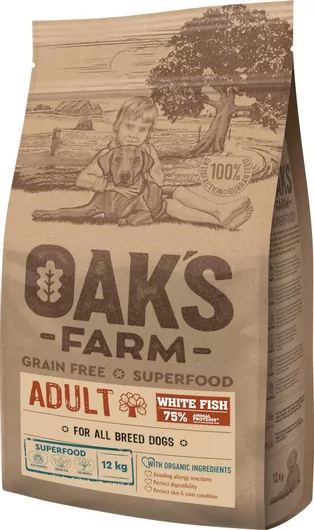 Oak's Farm Adult All Breeds 12kg Ξηρά Τροφή χωρίς Σιτηρά για Ενήλικους Σκύλους με Ψάρια
