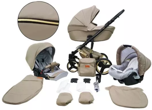 Καρότσι Μωρού Mikrus Comodo Ρυθμιζόμενο 3 σε 1 Kατάλληλο για Nεογέννητο Gold Cappuccino 15 Eco Leather 14kg 60306353028