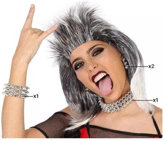 Αποκριάτικο Αξεσουάρ Κολίε / Σκουλαρίκια / Βραχιόλια Πανκ Σετ Ασημί