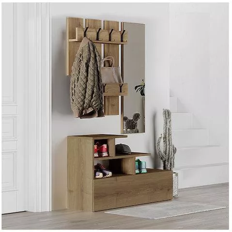 Έπιπλο Εισόδου Megapap Vesty Μοριοσανίδα με Καθρέπτη/Κρεμάστρα & Παπουτσοθήκη 100x30x61cm Ανοιχτό Καρυδί