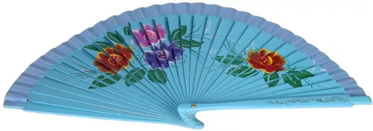 Βεντάλια ξύλινη 24εκ. με πολύχρωμα λουλούδια γαλάζιο