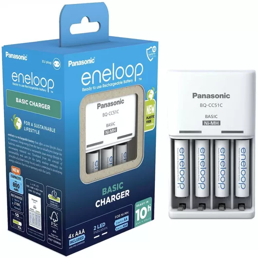 Φορτιστής Panasonic Eneloop Basic BQ-CC51 4 Μπαταριών Ni-MH Μεγέθους AA/AAA Σετ με 4x AAA 800mAh σε Λευκό χρώμα
