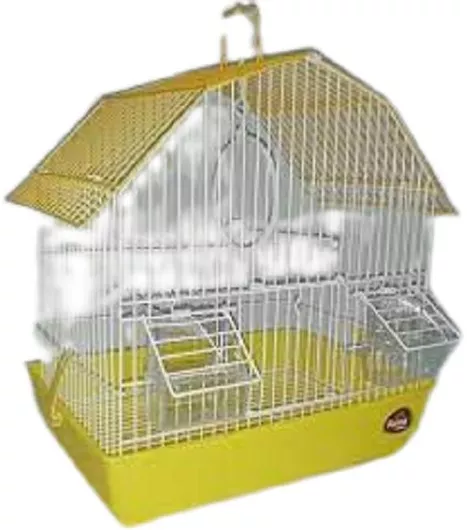 Κλουβί Πτηνών για καναρίνια μεσαίο με πολύγωνη σκεπή 34X23,5X36h cm (περιέχει 2 ταΐστρες, 2 κλαδάκια, 1 κούνια) σε κίτρινο χρώμα