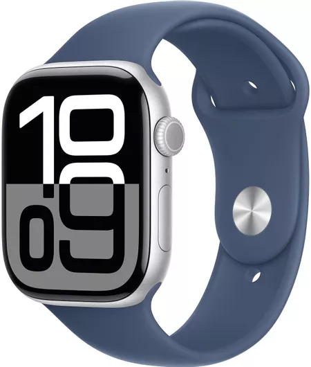 Apple Watch Series 10 Aluminium 46mm Αδιάβροχο με Παλμογράφο Silver με Denim Sport Band M/L