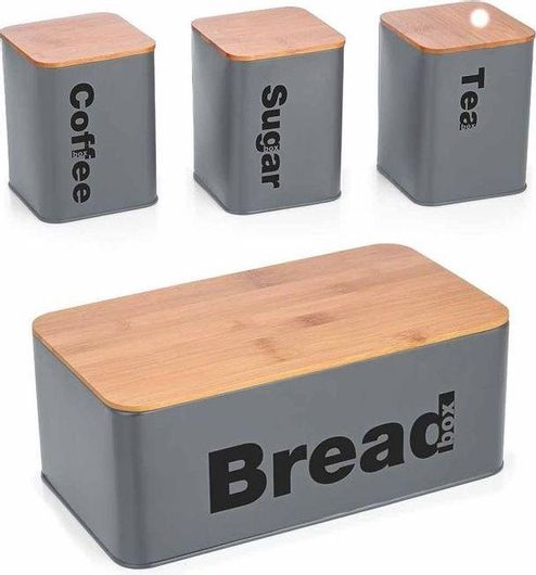 Ψωμιέρα Sidirela Ε-4209-3 Mεταλλική με Kαπάκι Bamboo & 3 Δοχεία Γκρι
