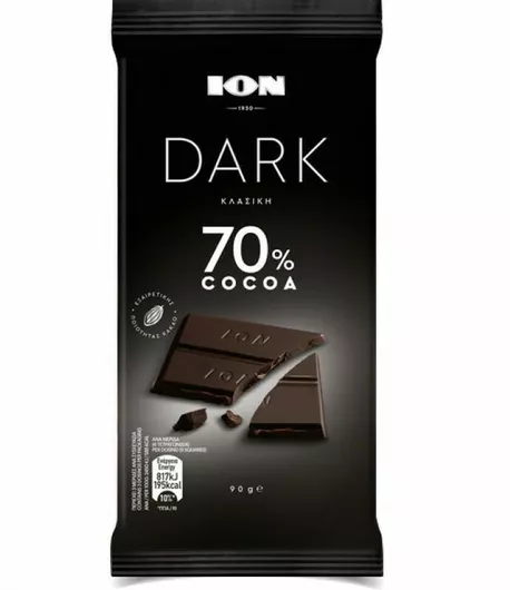 Σοκολάτα ION Dark Υγείας με 70% Κακάο Χωρίς Ζάχαρη 90gr