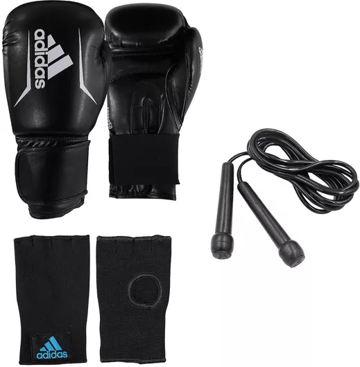 Γάντια Πυγμαχίας Adidas ADIBPKITSMU από Συνθετικό Δέρμα για Σάκο Μαύρα Σετ με Εσωτερικά Γάντια & Σχοινάκι πλαστικό 264cm