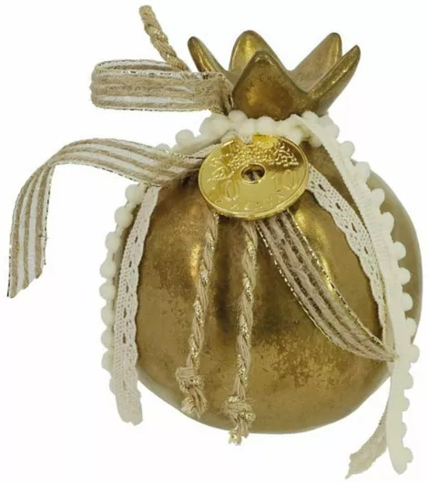 Marhome Επιτραπέζιο Γούρι Ρόδι Δεκάρα από Κεραμικό Υλικό Χρυσό 11x13cm