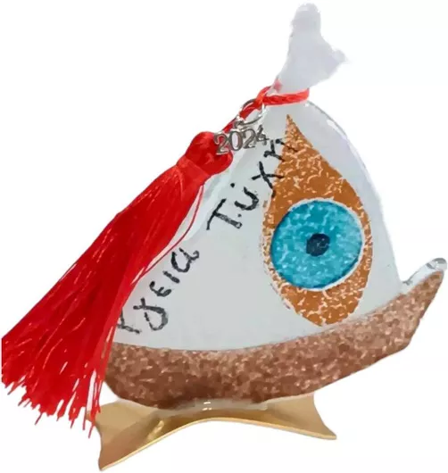 Γούρι Kalliopisilver 2025 Χειροποίητο Καράβι από Γυαλί Λευκό 10x12cm