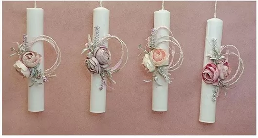 Πασχαλινή Λαμπάδα Χειροποίητη Κερί Κοντή Λευκή Λουλούδι Πάνινο 24070