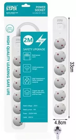 Πολύπριζο Καλώδιο Ασφαλείας 6 Θέσεων με Διακόπτη Λευκό