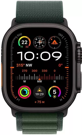 Apple Watch Ultra 2 2024 Titanium 49mm Αδιάβροχο με eSIM & Παλμογράφο Black με Dark Green Alpine Loop - Medium