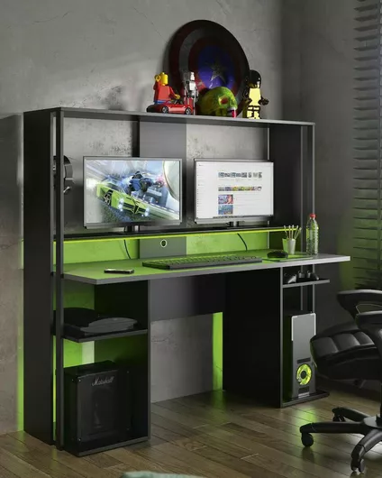 Γραφείο Gaming με Βιβλιοθήκη Stream Ξύλινο Μαύρο - Ανθρακί 157x60x145cm