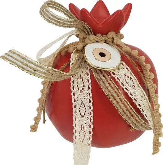 Marhome Επιτραπέζιο Γούρι Ρόδι Μεγάλο από Κεραμικό Υλικό Κόκκινο 11x13cm