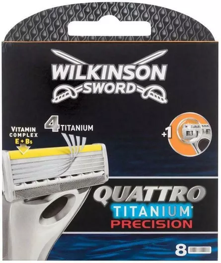 Ανταλλακτικές Κεφαλές Wilkinson Sword Quattro Titanium Precision με 4 Λεπίδες & Λιπαντική Ταινία 8τμχ
