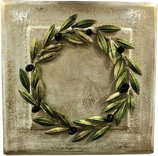 Διακοσμητικό Κάδρο Τοίχου Droso Vetro Crystallo με Στεφάνι Ελίας Ξύλινο 40x40cm Λευκό / Χρυσό