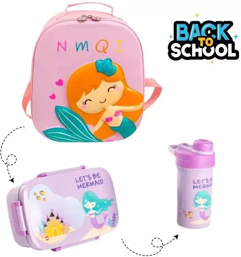 Σχολική Τσάντα Νηπίου Πλάτης Back To School & Φαγητοδοχείο/Παγούρι Γοργόνα Ροζ/Λιλά