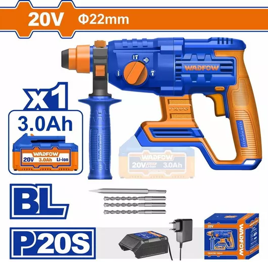 Κρουστικό Σκαπτικό Wadfow WLM1522 Μπαταρίας Brushless 20V με SDS Plus/Φορτιστή & 3 Τρυπάνια 6/8/10mm