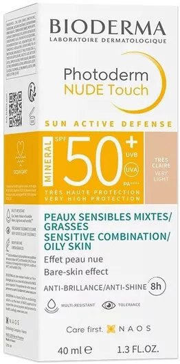 Αντηλιακό Προσώπου Bioderma Photoderm Nude Touch Mineral Κρέμα SPF50+ με Χρώμα Very Light 40ml
