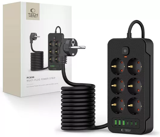 Πολύπριζο 6 Θέσεων Tech-Protect με 3 USB & Καλώδιο 2m Μαύρο