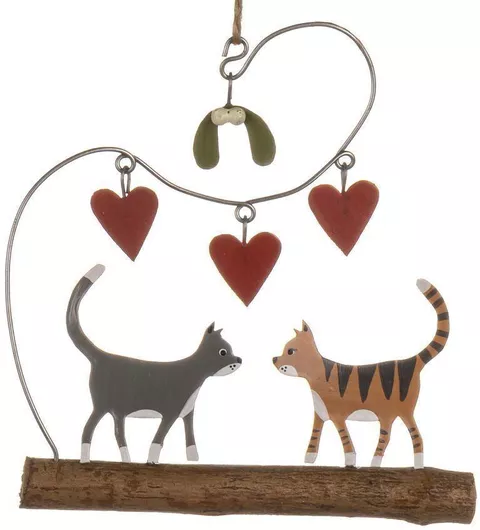 Synchronia Γάτες In Love Χριστουγεννιάτικο Διακοσμητικó Καφέ σε Κλαδί 11cm