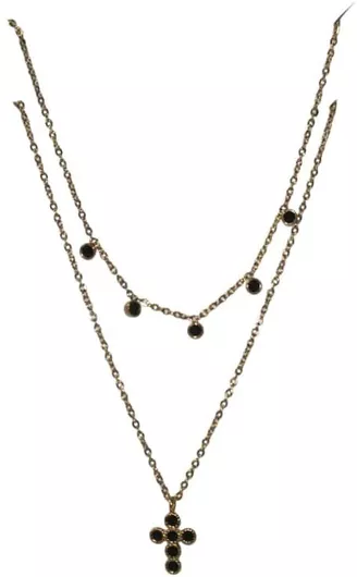 Mira-mira Κολιέ Από Ανοξείδωτο Επιχρυσωμένο Ατσάλι 14κ Με Διπλή Χρυσή Αλυσίδα Με Κρεμαστό Σταυρουδάκι Και Ζιργκόν Σε Μαύρο Χρώμα