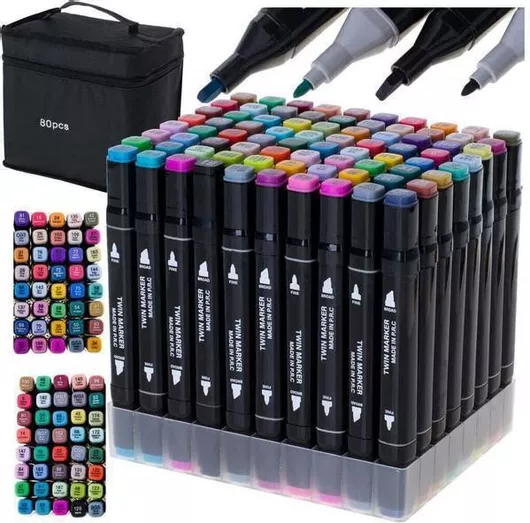 Μαρκαδόροι Ζωγραφικής 80 Τεμάχια "Twin Marker" Με Διπλή Μύτη (Board & Fine) Βάση & Θήκη Με Φερμουάρ