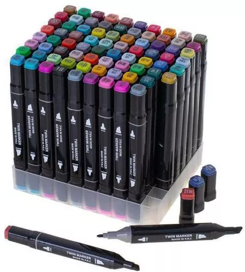 Μαρκαδόροι Ζωγραφικής 80 Τεμάχια "Twin Marker" Με Διπλή Μύτη (Board & Fine) Βάση & Θήκη Με Φερμουάρ