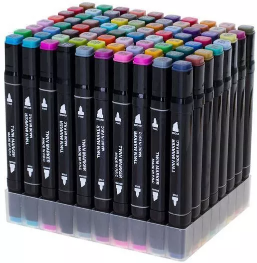 Μαρκαδόροι Ζωγραφικής 80 Τεμάχια "Twin Marker" Με Διπλή Μύτη (Board & Fine) Βάση & Θήκη Με Φερμουάρ