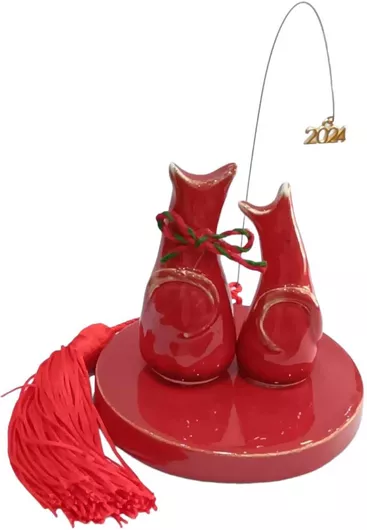 Γούρι 2024 Caramic RZ86-147RED Κεραμικά Γάτακια Ζευγαρι Κόκκινο σε Βάση 13x9cm