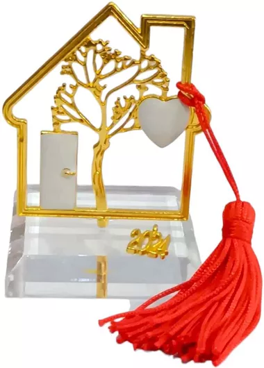 Γούρι 2024 Kalliopi Silver 2023-5027 σε Πλεξιγκλάς με Χρυσό Σπίτι με Δέντρο Ζωής 5x5x6.9cm