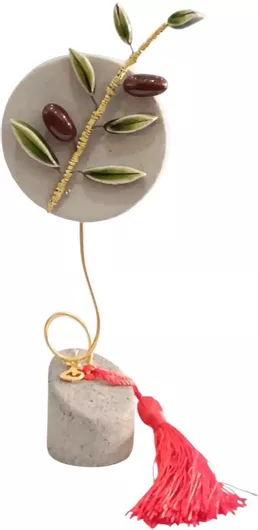 Γούρι 2025 Kalliopi Silver RZ-17-555 Κεραμικό Κλαδί Ελιάς Λευκός Κύκλος & Βάση 3.5x3.5x15cm