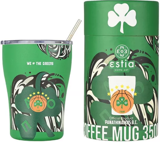Ποτήρι Θερμός Estia Coffee Mug Ανοξείδωτο BPA Free Panathinaikos BC Edition We The Greens 350ml με Καλαμάκι