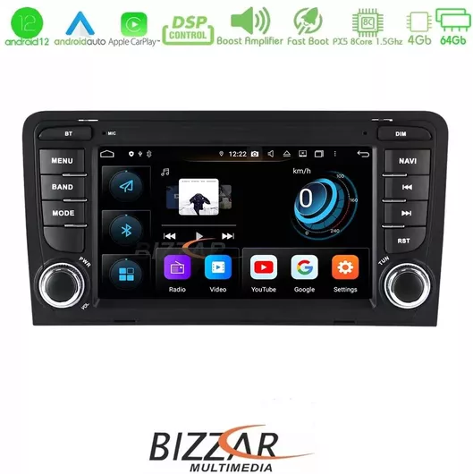 Ηχοσύστημα Αυτοκινήτου Bizzar για Audi A3 2003-2012 Android 12 8core 4+64GB με Wifi/Bluetooth/GPS/Android Auto 7"