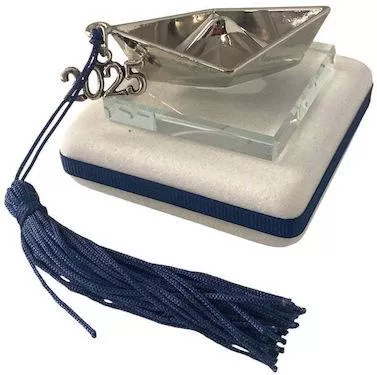 Χειροποίητo Γούρι 2025 ArtFull Hand Καράβι Ασημί σε Μάρμαρο & Γυαλί 7x7cm