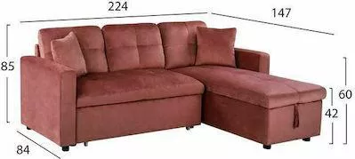 Καναπές Wayne Γωνιακός Κρεβάτι με Αναστρέψιμη Γωνία Βελούδινος & Αποθηκευτικό Χώρο 224x147cm Σάπιο μήλο