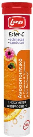 Lanes Ester-C Echinacea & Sambucus Βιταμίνη για Ενίσχυση του Ανοσοποιητικού, τo Δέρμα & Αντιοξειδωτική Δράση 500mg Πορτοκάλι 20 Αναβράζοντα Δισκία
