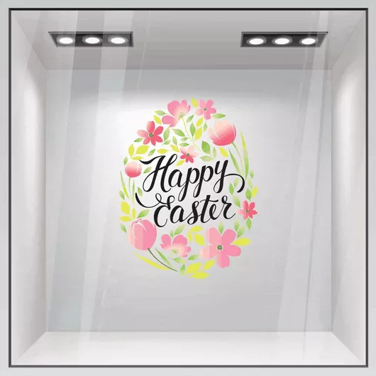 Αυτοκόλλητο Βιτρίνας Cute Πασχαλινό Αυγό με Λουλούδια Αγγλική