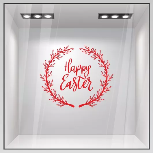 Αυτοκόλλητο Βιτρίνας Happy Easter Στεφάνι Αγγλική Κόκκινο