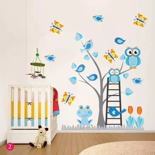 Παιδικό Αυτοκόλλητο Τοίχου Sticky Owls Tree Μικρό 118x140cm Γκρι/Κίτρινο/Γαλάζιο